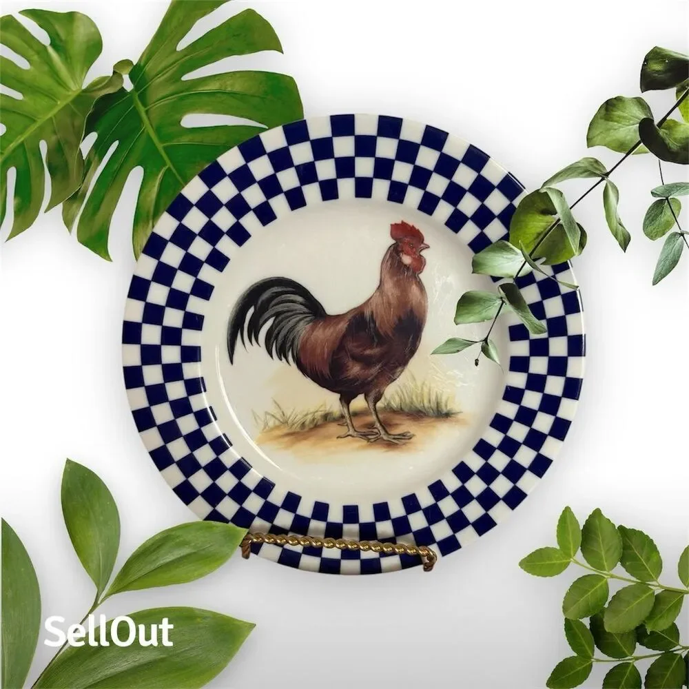Williams Sonoma Blue Checkered Rooster Salad Plates Set of 4